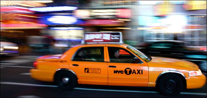 New York City taxi cab in motion.